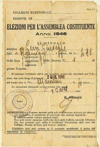 Certificato per prendere parte all'elezione dell'assemblea costituente e referendum istituzionale del 2 giugno 1946, del signor Gerri Giuseppe (papà di Ugo ed Edoardo)